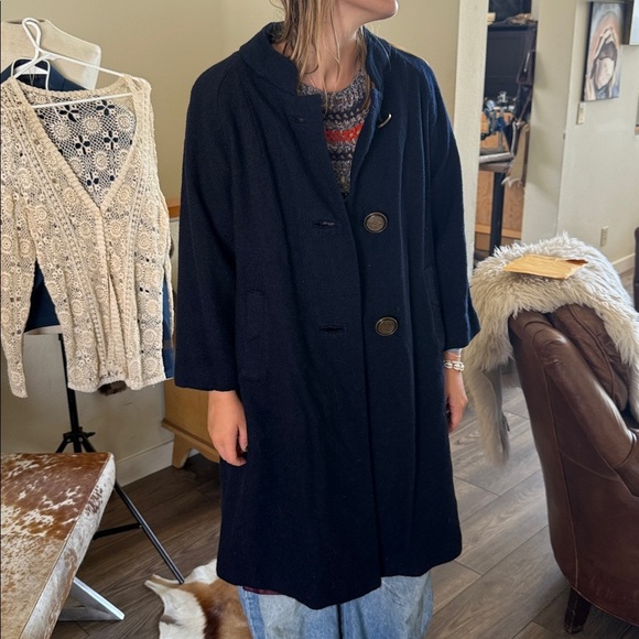 VINTAGE Kapmoor NY ILGWU union tag blue wool Swing coat ornate Asian buttons - Picture 1 of 16